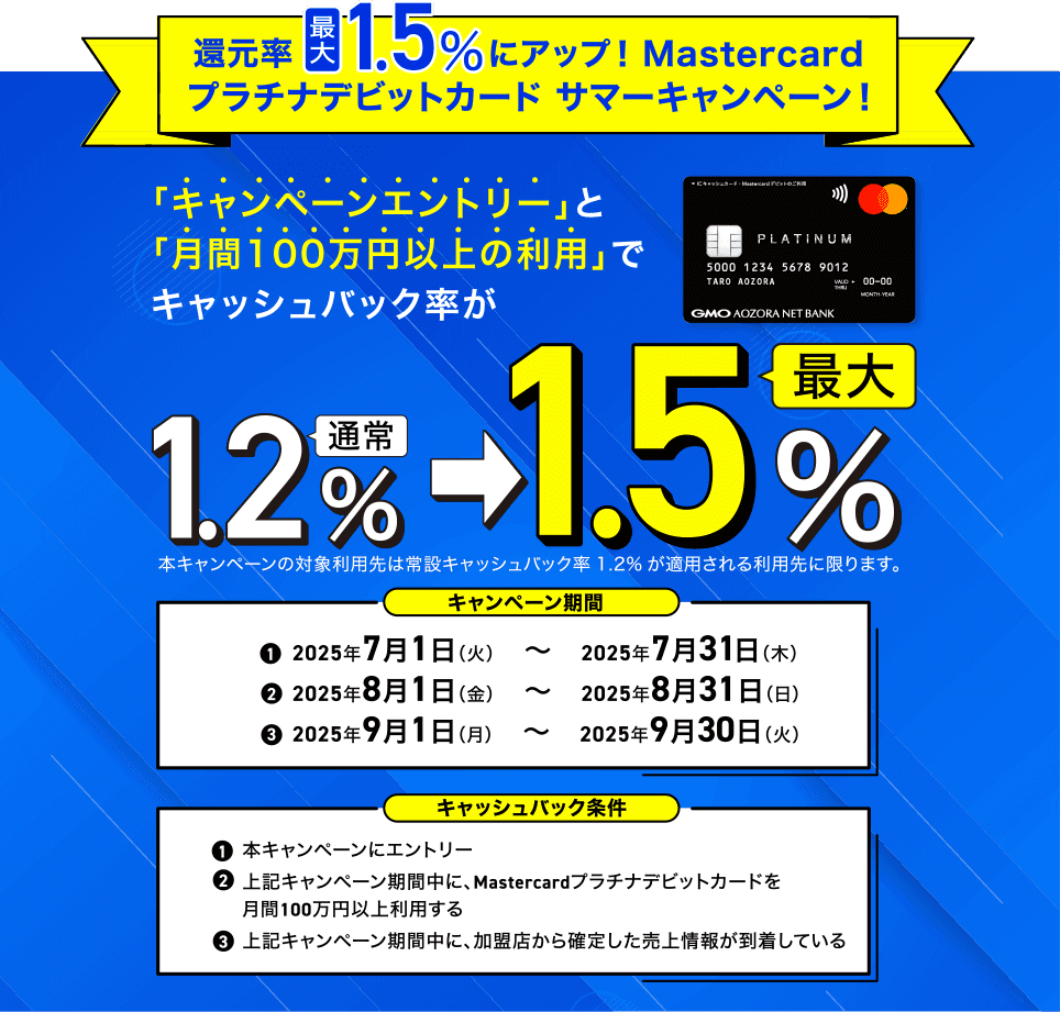 GMOあおぞら銀行BANK支店のMastercardプラチナデビットカード　サマーキャンペーンバナー