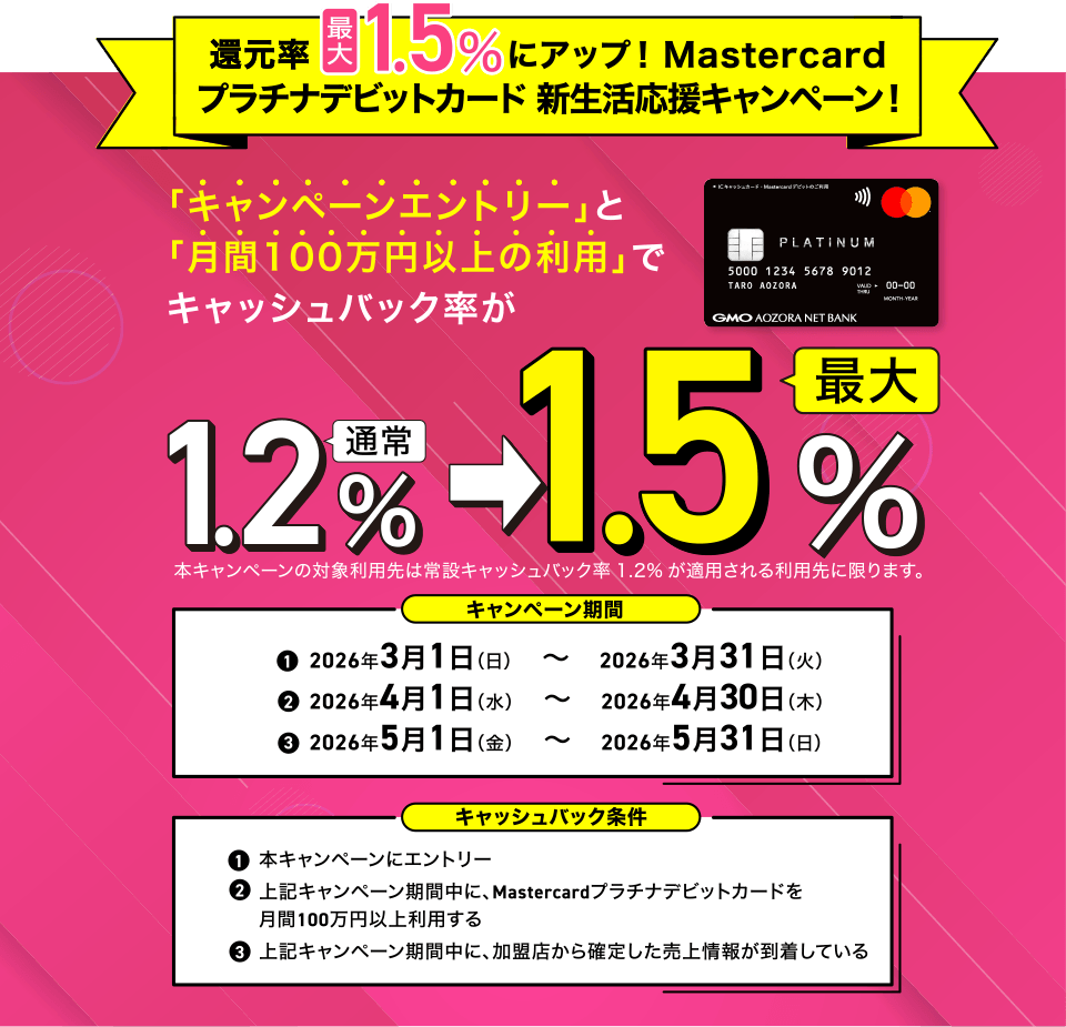 GMOあおぞら銀行BANK支店のMastercardプラチナデビットカード 新生活応援キャンペーン！バナー