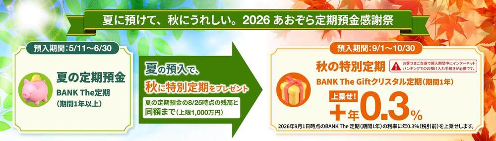 2026あおぞら定期預金感謝祭 夏に預けて秋に特別定期プレゼントキャンペーンバナー