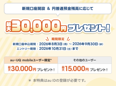 auじぶん銀行最大3万円プレゼントキャンペーン