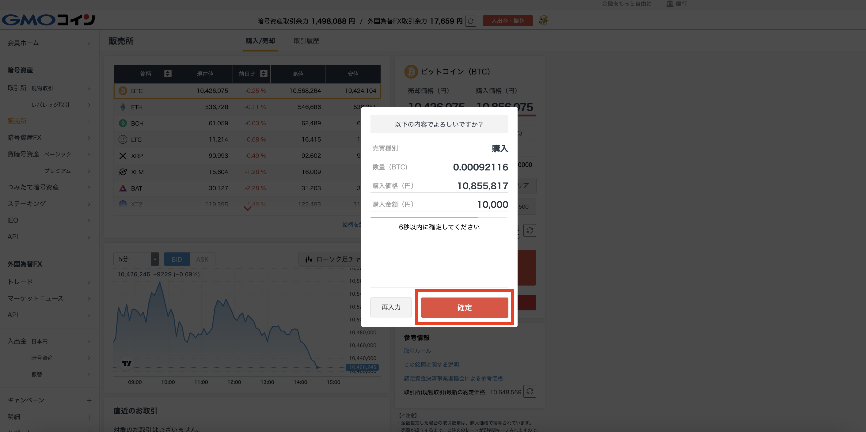 GMOコインでのビットコインの購入画面