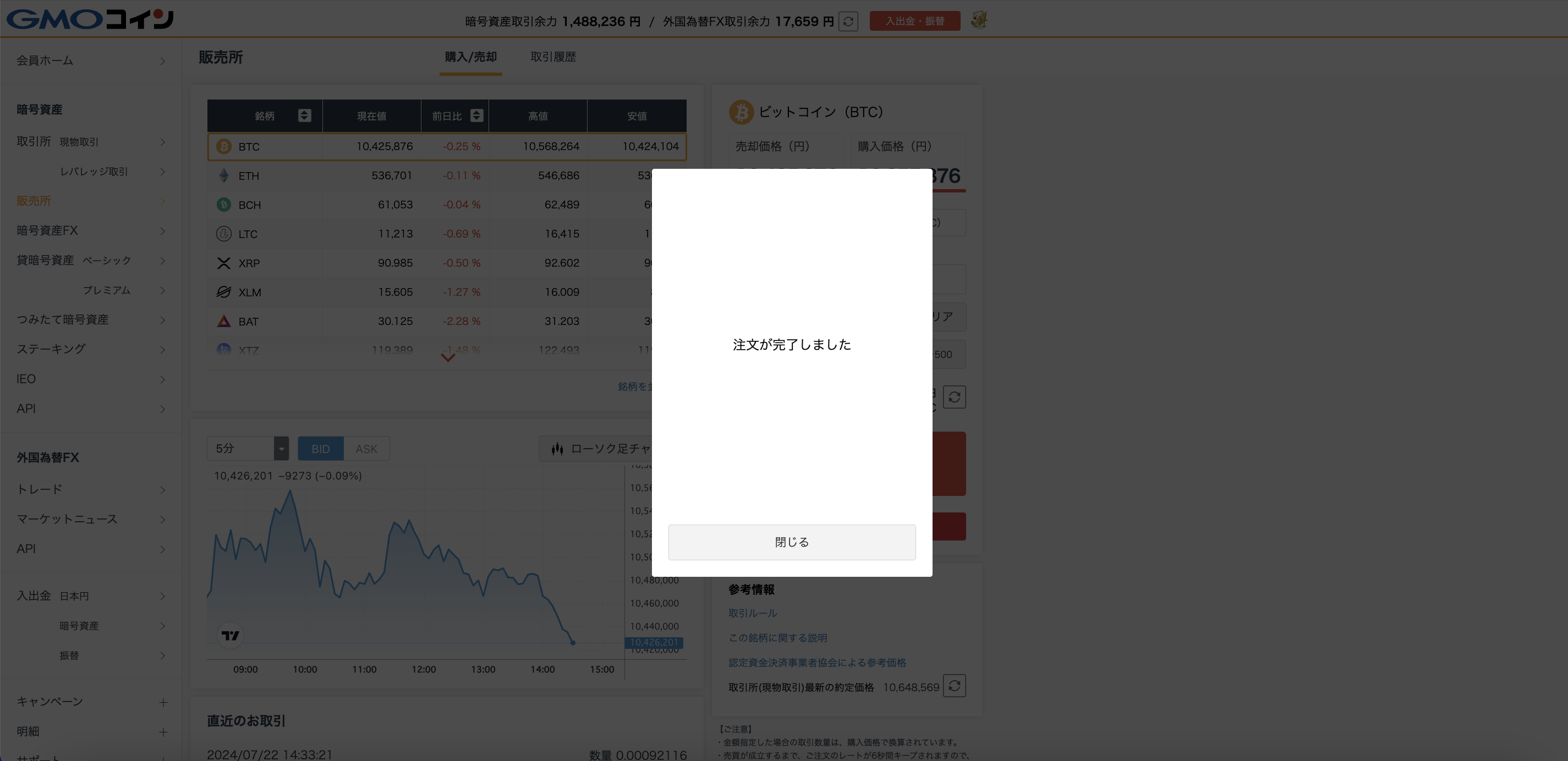 GMOコインでのビットコインの購入確定画面