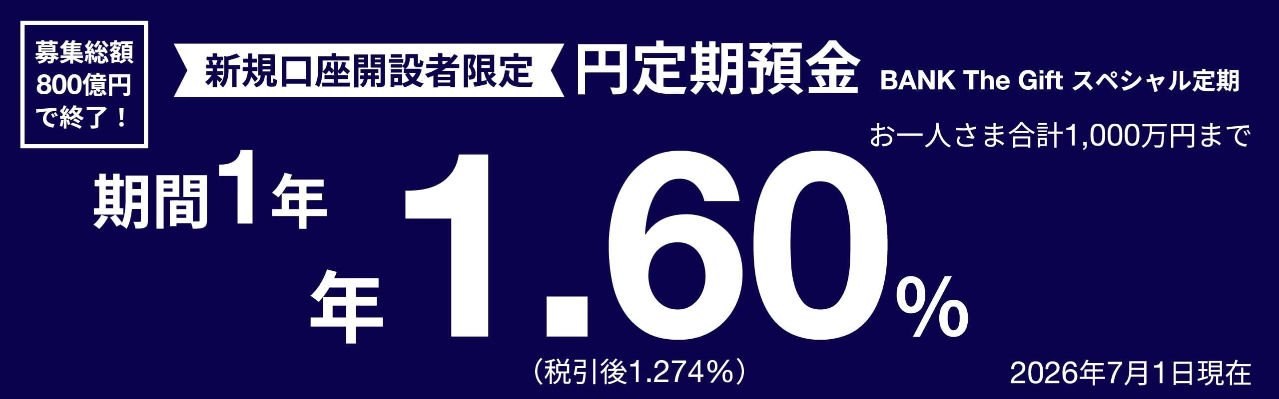 あおぞら銀行BANK支店 BANK The Giftスペシャル定期 新規口座開設者限定 年1.60%バナー