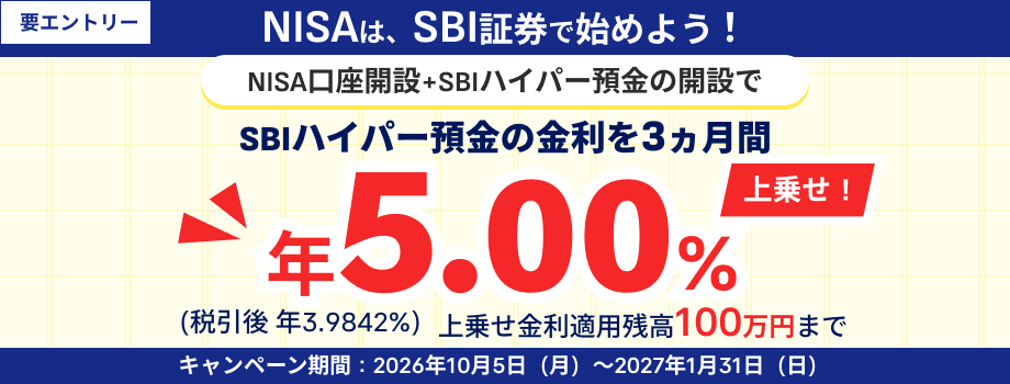 NISA口座開設とSBIハイパー預金の開設で金利年5.00%上乗せキャンペーンバナー